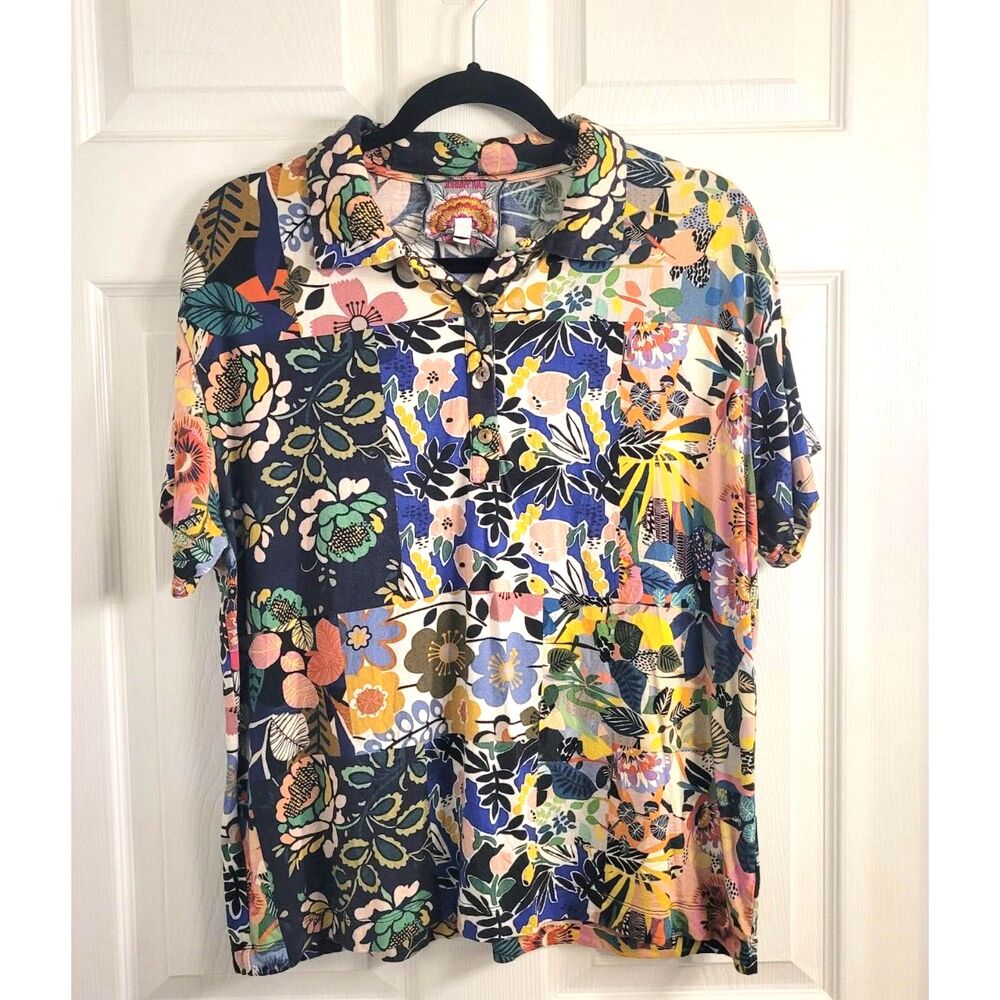 Johnny Was M Floral Patchwork Bamboo Top Boho Artsy Maximalist Multicolor